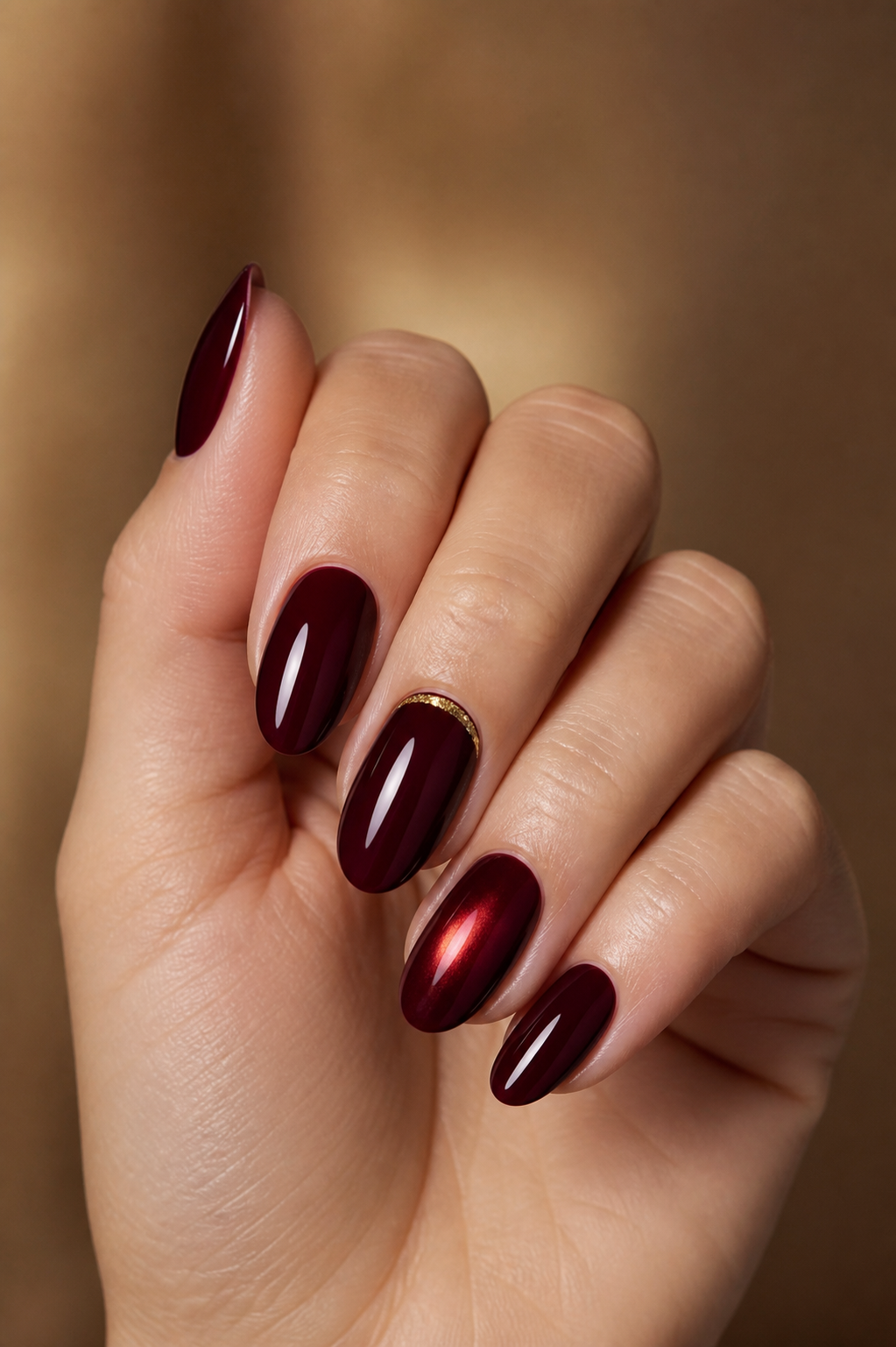 Glossy burgundy wine fall nails on a woman’s hand in natural light.