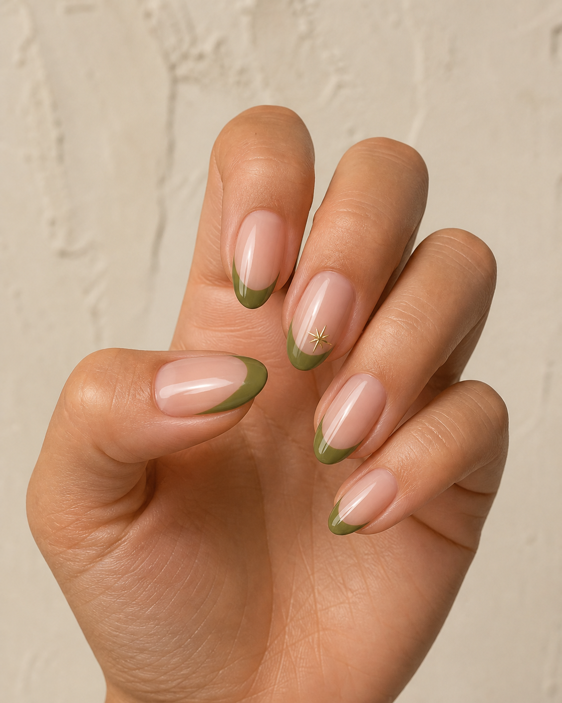Olive green almond fall nails on a woman’s hand with everyday jewelry.