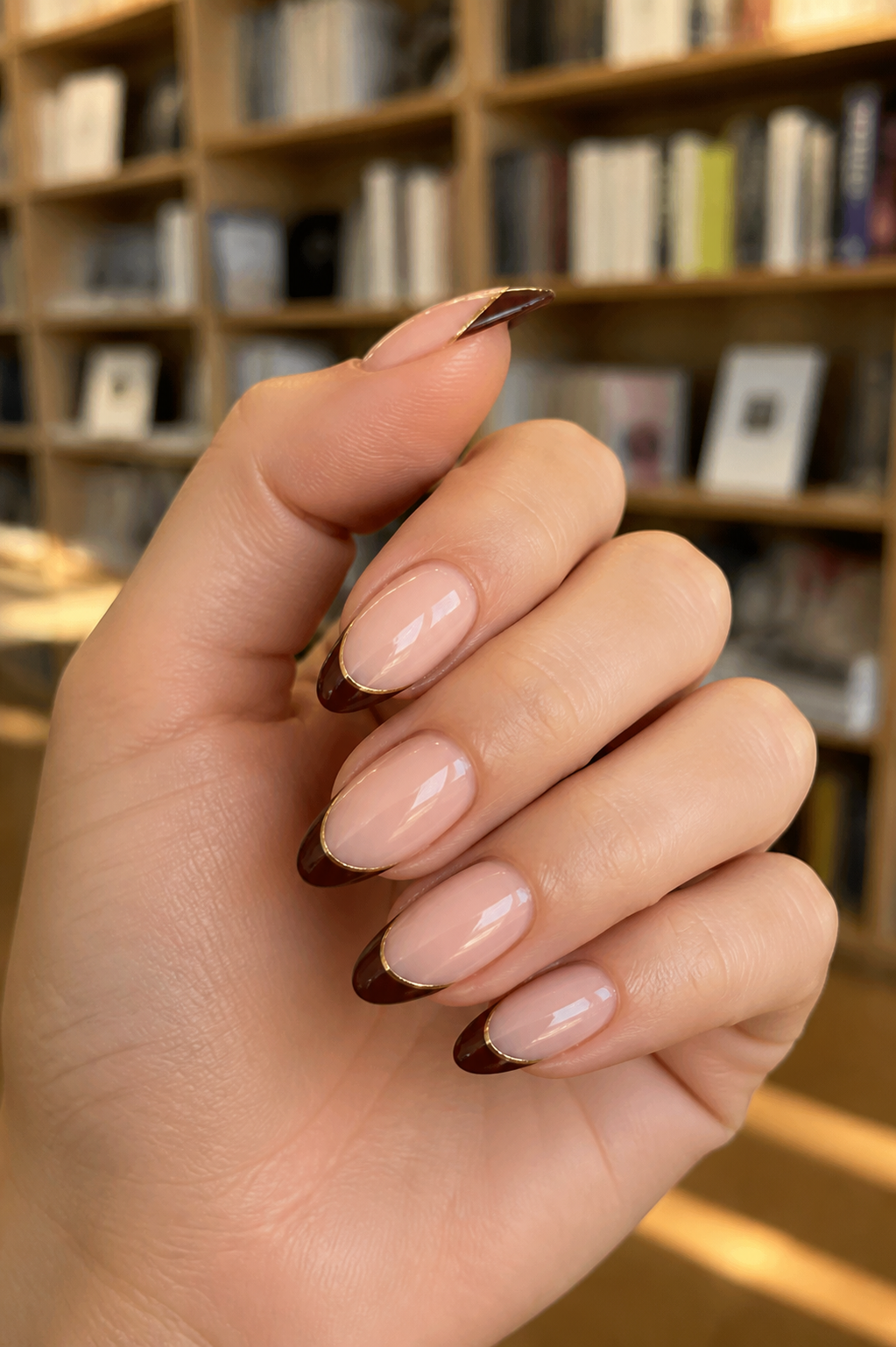 Brown French tip fall nails on a woman’s hand by a window.