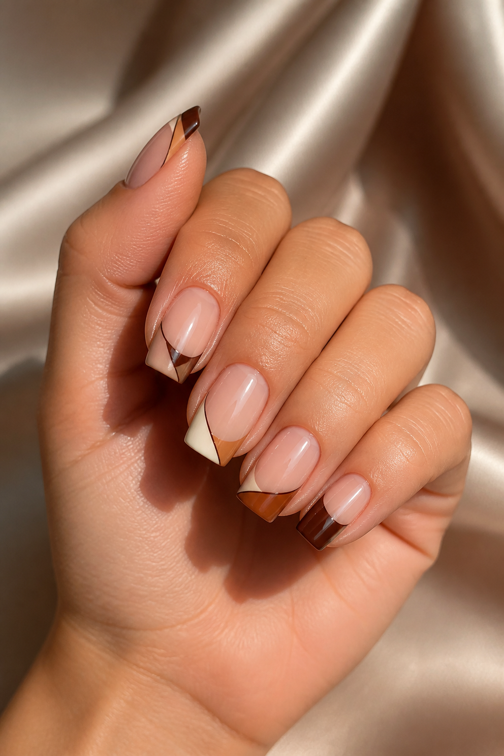 Color block French tip fall nails on a woman’s hand in daylight.
