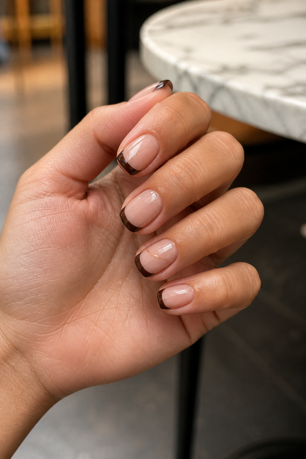 Short brown French tip fall nails on a woman’s hand at a café table.