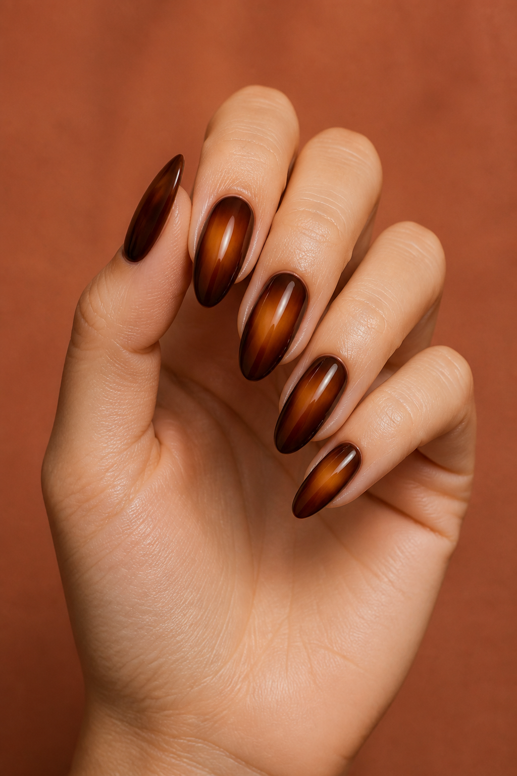 Rich brown almond fall nails on a woman’s hand with delicate rings.