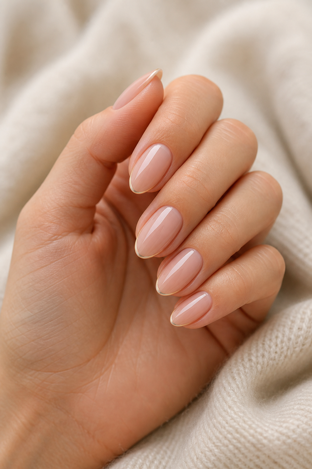 Natural almond fall nails on a woman’s hand in soft daylight.
