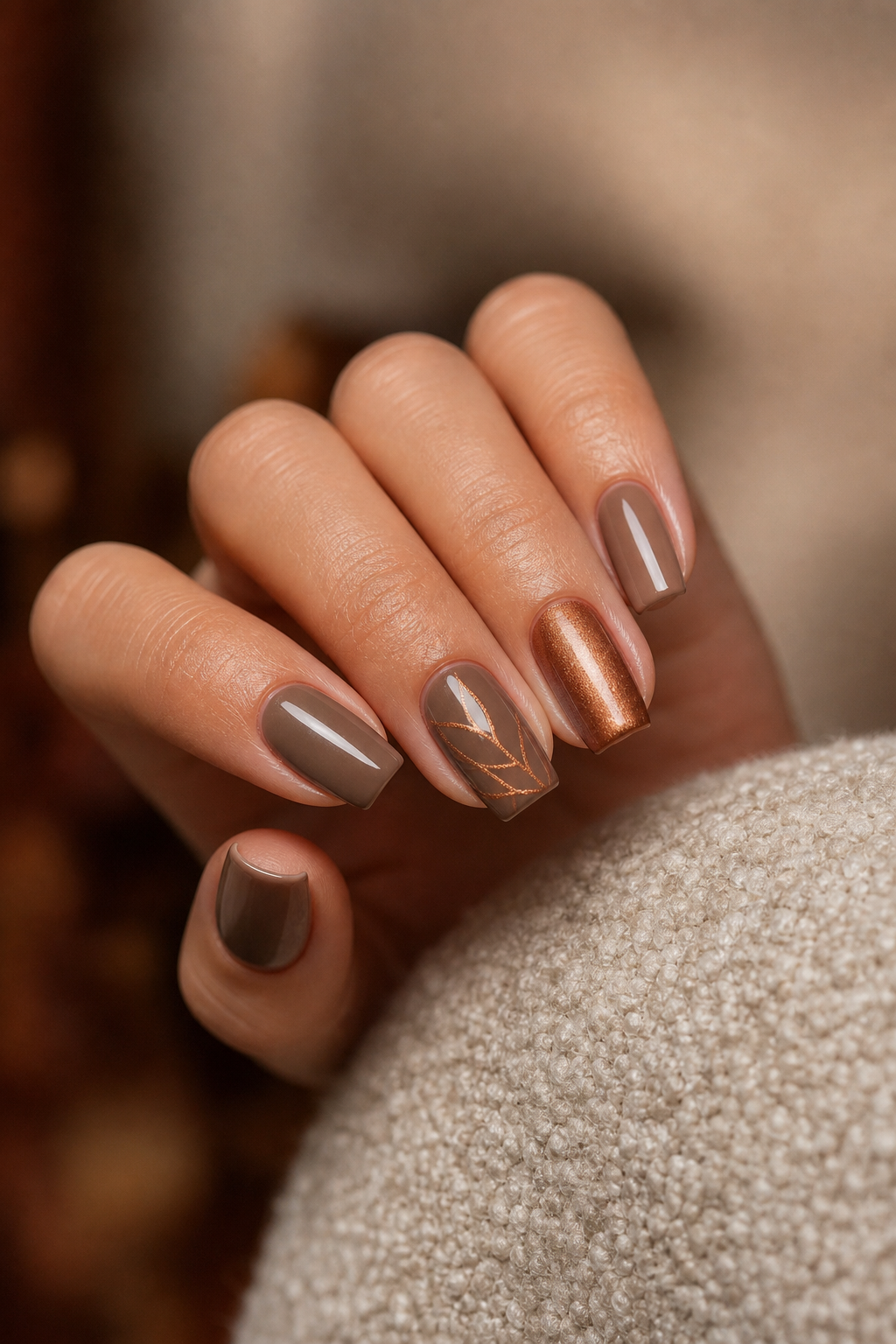 Short coffin fall nails on a woman’s hand with a neutral handbag.