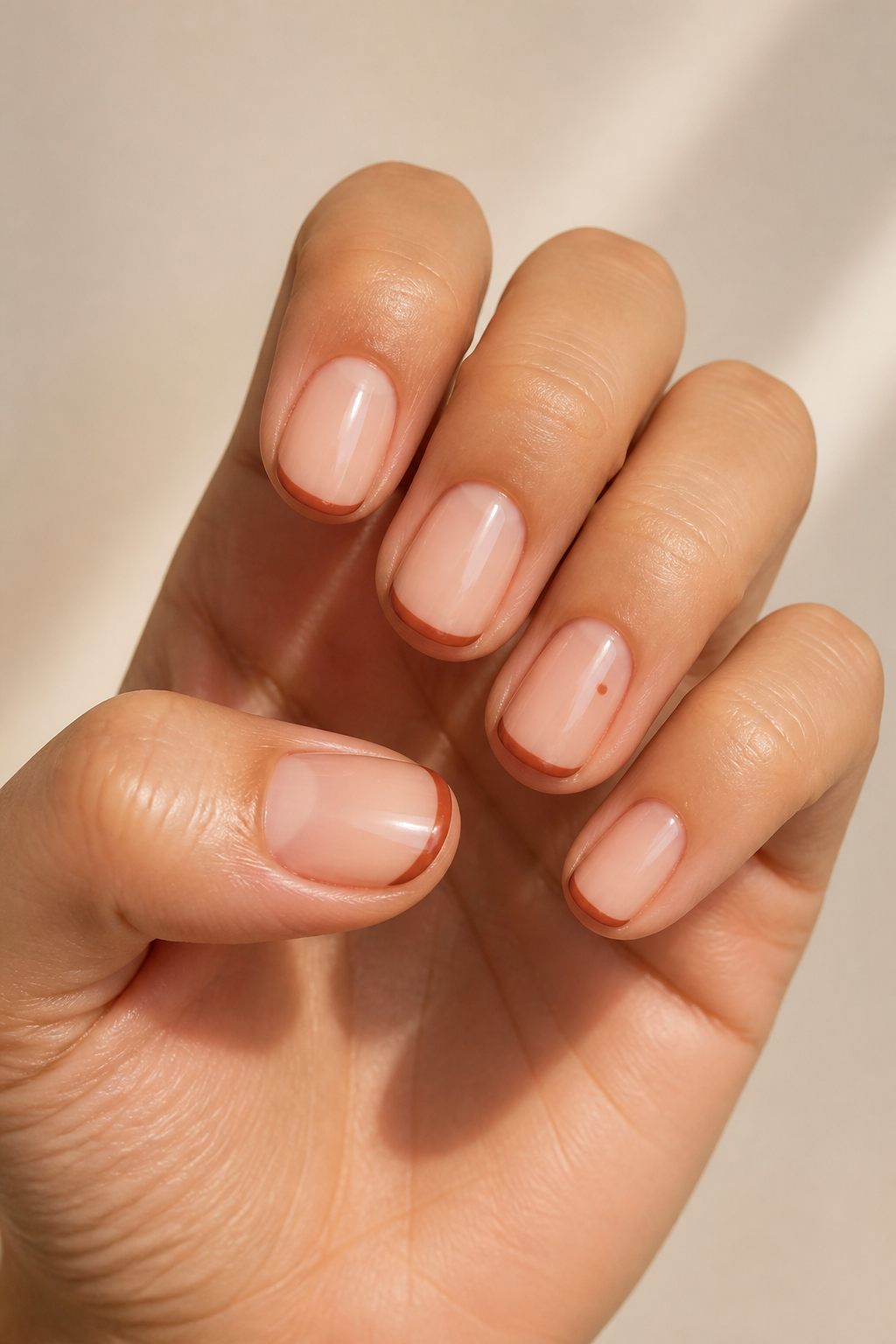 Simple short fall nails on a woman’s hand during an everyday outing.
