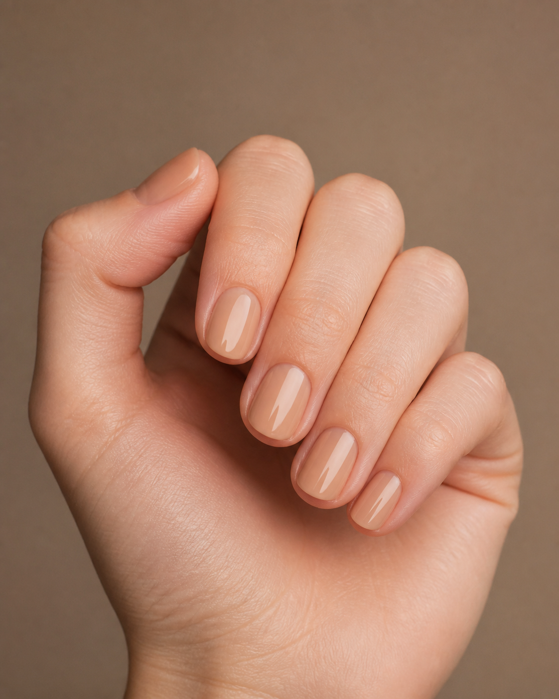Natural fall nails on a woman’s hand showing a clean glossy manicure.