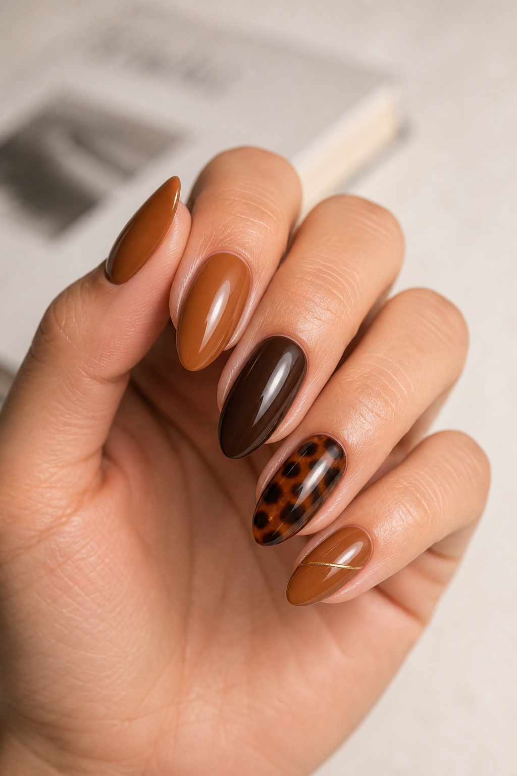 Tortoiseshell fall nail design on a woman’s hand in natural daylight.