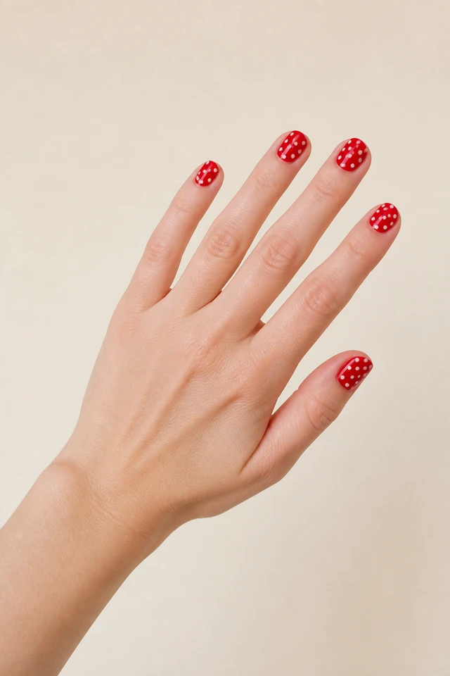 bright red round nails with white polka dots on a fair hand in daylight