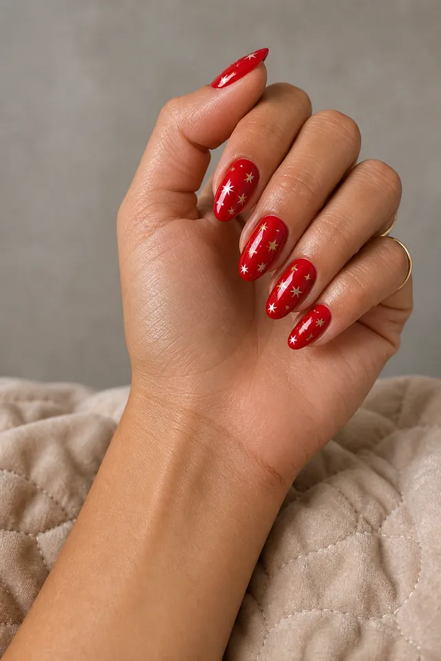 red almond nails with tiny star accents on a medium tan hand