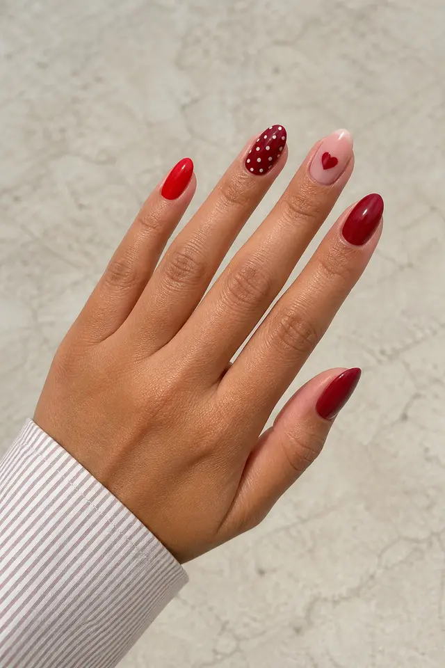 red oval nails with heart accent art on a deep brown hand
