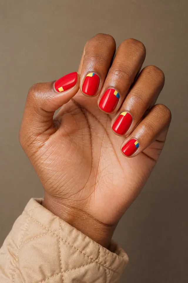 mismatched playful red nails on a light olive hand with a connected wrist