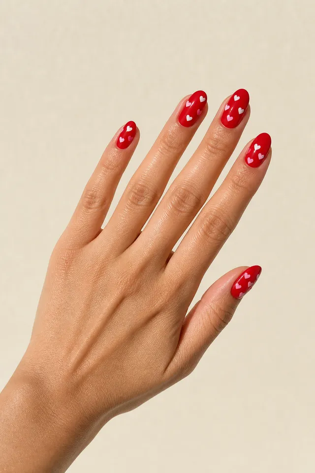 red nails with tiny cherry motifs on a warm brown hand