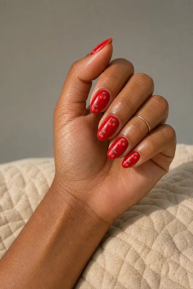 red and pink checkerboard nails on a fair hand with a visible forearm