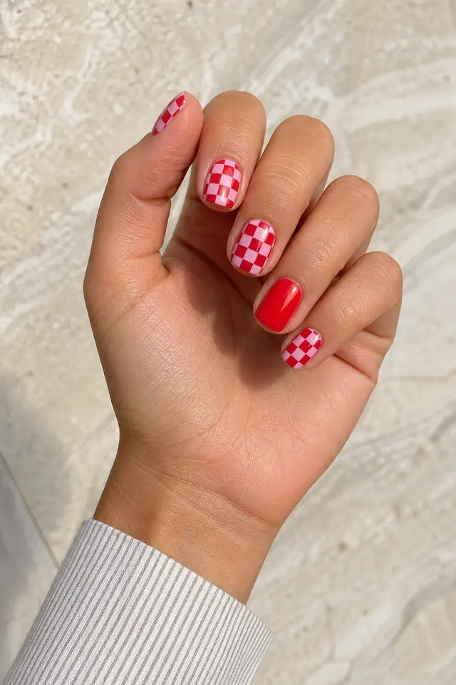 red nails with tiny smiley accents on a medium brown hand in daylight