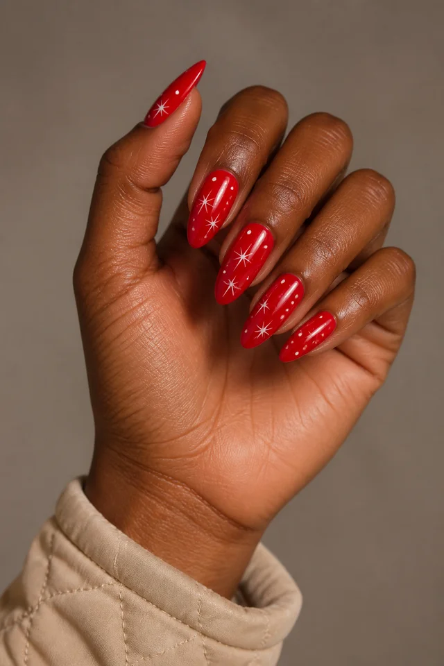 bright red nails with yellow and blue accents on a rich brown hand