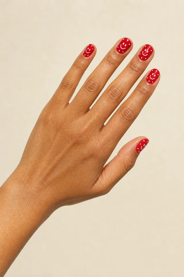 red nails with tiny fruit motifs on a tan hand with a connected wrist