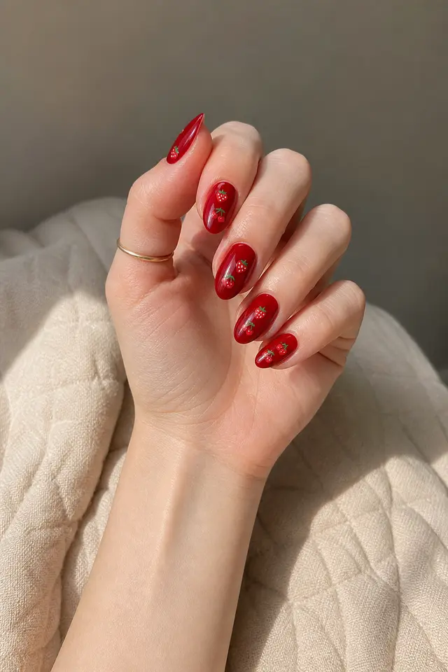 red nails with red and pink wavy lines on a light hand