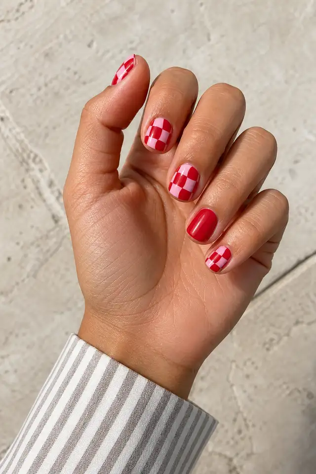 playful red mixed French tip nails on a deep brown hand