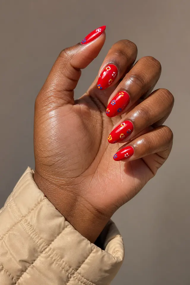 playful red confetti nail art on a warm brown hand in natural light