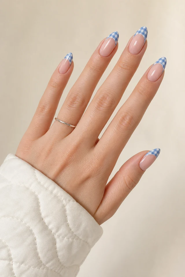 Blue gingham contained to a clean almond smile line, glossy finish, fair skin, hand lifted in natural daylight with visible connected forearm