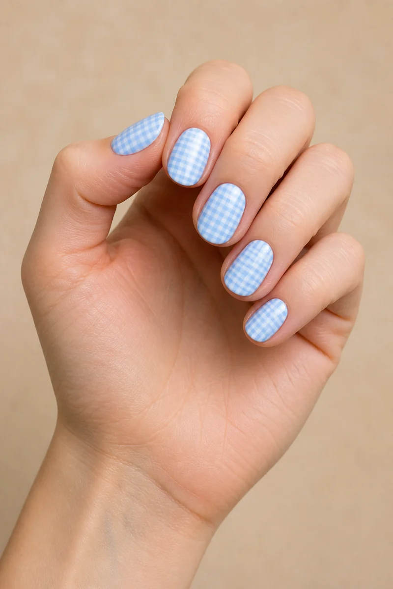 Powder blue micro-gingham across short oval tips, glossy finish, light skin, hand turned toward soft window light with connected wrist and forearm