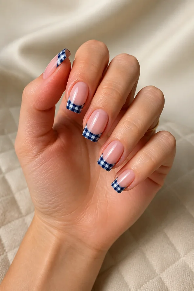 Navy gingham on a medium square French tip, glossy finish, olive skin, hand angled upward in natural daylight with connected wrist