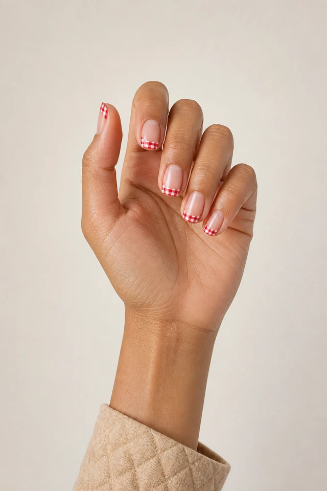 Bright tomato-red gingham French tips on short square nails on a warm tan hand with visible connected wrist in natural daylight