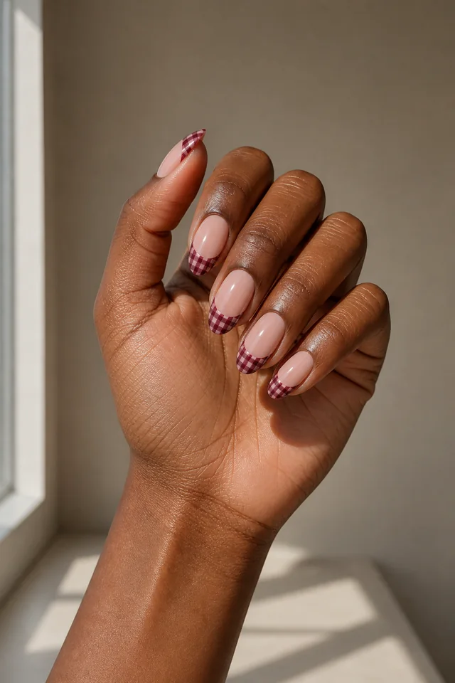 Deep wine gingham French tips on elongated oval nails on a deep brown hand with visible connected wrist and forearm in natural daylight