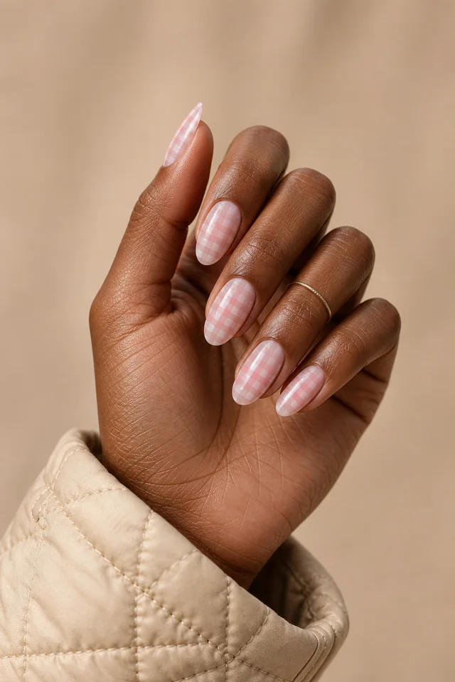 Blush pink gingham on a sheer oval French tip, glossy finish, fair skin, hand angled in natural window light with visible forearm