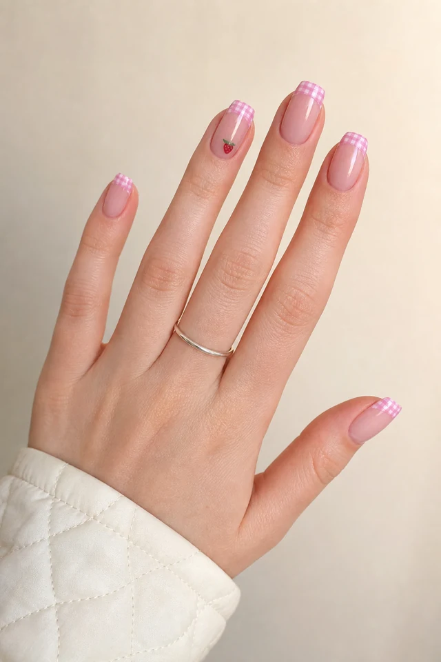 Pink gingham tips with one tiny strawberry near the smile line, glossy finish, light brown skin, hand lifted in daylight with connected wrist