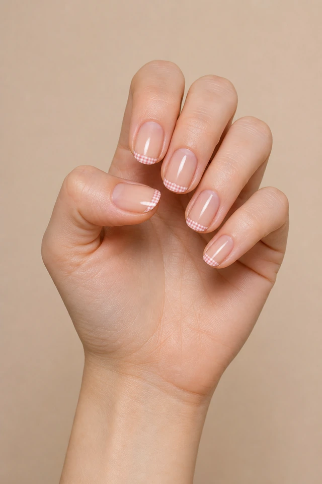Fine rose gingham lines on a barely-there French tip, glossy finish, olive skin, hand resting in soft daylight with connected forearm