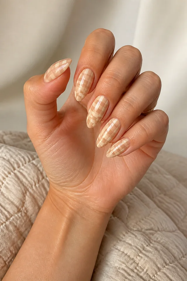 Cream gingham across a warm nude almond tip, glossy finish, medium olive skin, hand posed toward window daylight with visible wrist