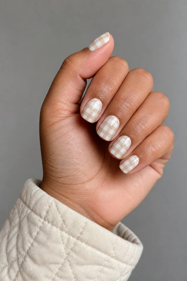 Taupe and ivory gingham on short squoval tips, soft glossy finish, tan skin, hand resting in natural daylight with connected forearm