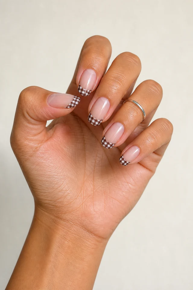 Tiny chocolate gingham along a sheer neutral tip, glossy finish, deep brown skin, hand turned toward natural window light with connected wrist