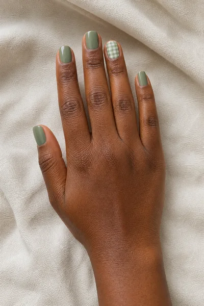 Sage green gingham accent on short square nails with glossy finish, relaxed hand pose, light olive skin tone