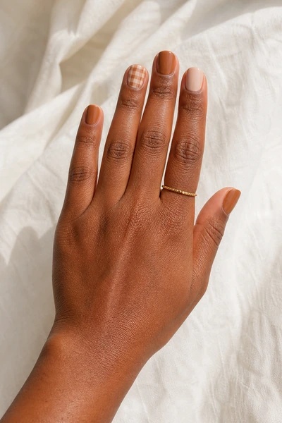 Caramel brown gingham accent on short square nails with glossy finish, angled hand pose, deep brown skin tone