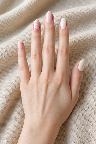 Pink gingham with tiny bow on medium almond nails, glossy three quarter hand pose, rich dark brown skin tone