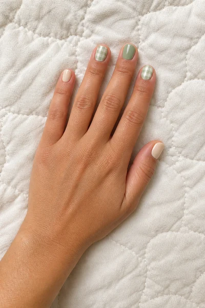 Mini sage gingham print on short square nails with glossy finish, relaxed hand pose, medium olive skin tone