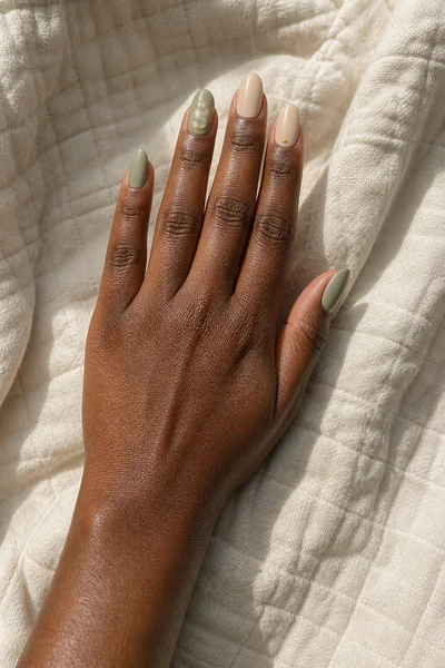 Sage framed gingham accent on medium almond nails with glossy finish, lifted wrist pose, rich dark skin tone