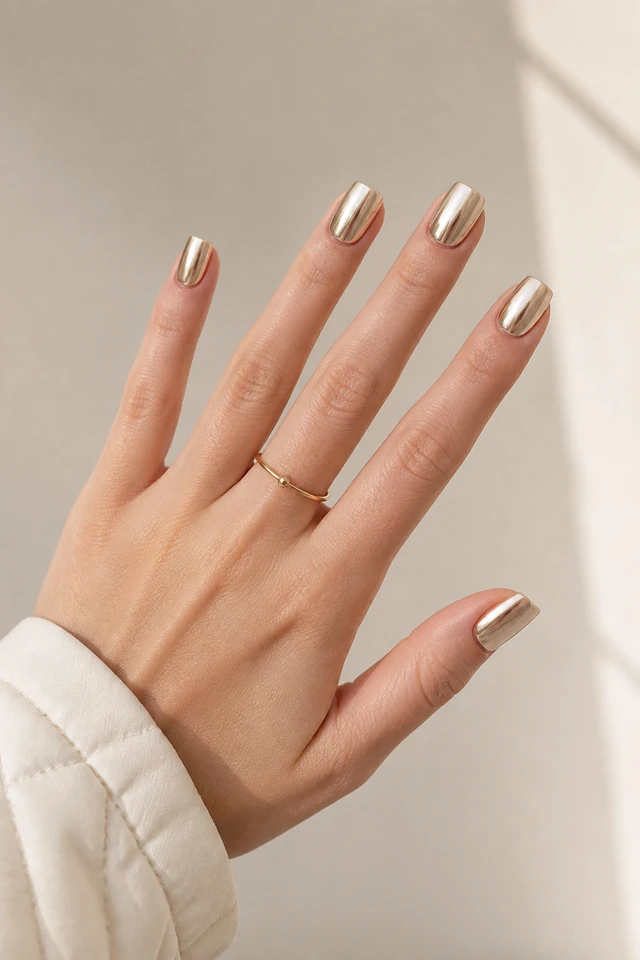 Champagne gold chrome glossy medium square winter nails on fair neutral beige skin, shown in a relaxed open diagonal hand pose with an ivory quilted cuff and short partial wrist