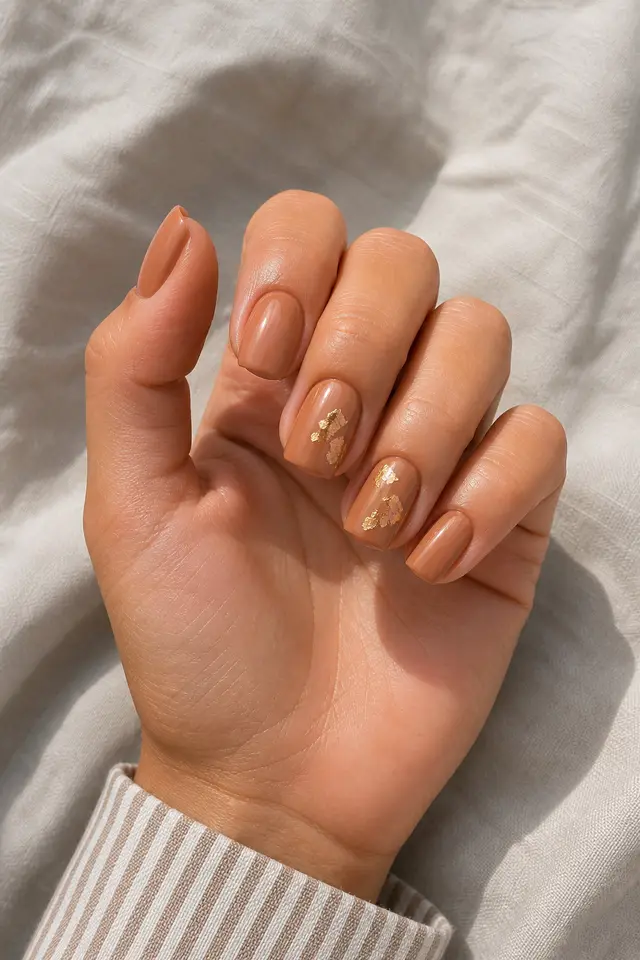 Warm caramel nude glossy medium square nails with gold foil flakes and pearl glaze on light-medium warm tan skin, shown in a softly curled pose with a muted stripe cuff and short partial wrist