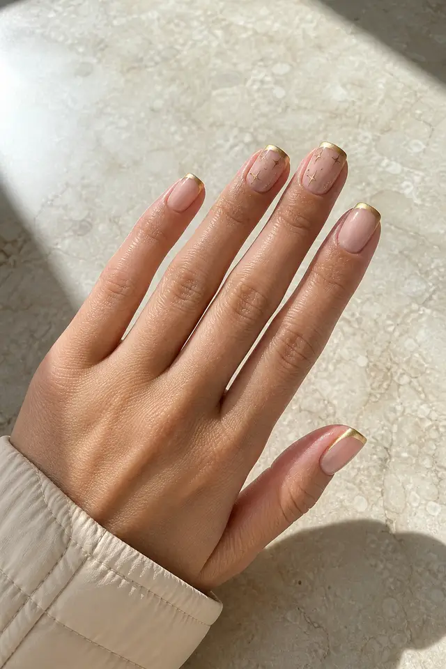 Sheer blush nude glossy medium square nails with antique-gold French tips and tiny gold star flecks on light olive skin, shown in a palm-down diagonal hand pose with a beige quilted cuff