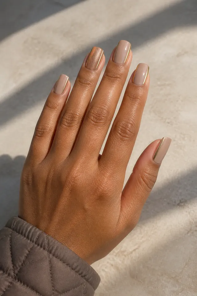 Soft beige nude glossy medium square nails with metallic gold side French lines and a bronze shimmer accent on medium warm brown skin, shown in an edge-on pose with a taupe quilted cuff