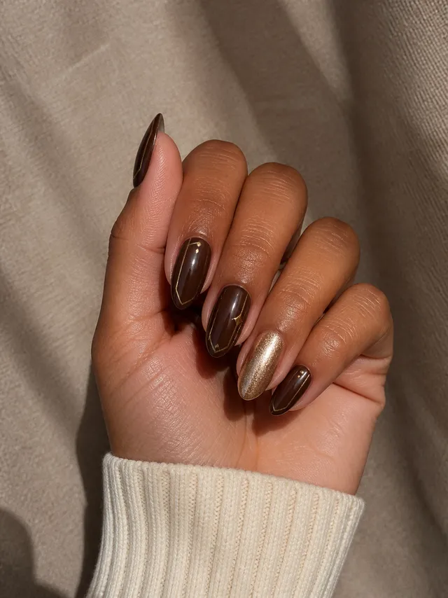 Glossy espresso brown medium almond nails with restrained antique-gold geometric lines and one champagne shimmer accent on a medium-deep neutral brown hand in a softly curled pose with a cream ribbed cuff, visible wrist and short partial forearm, natural daylight