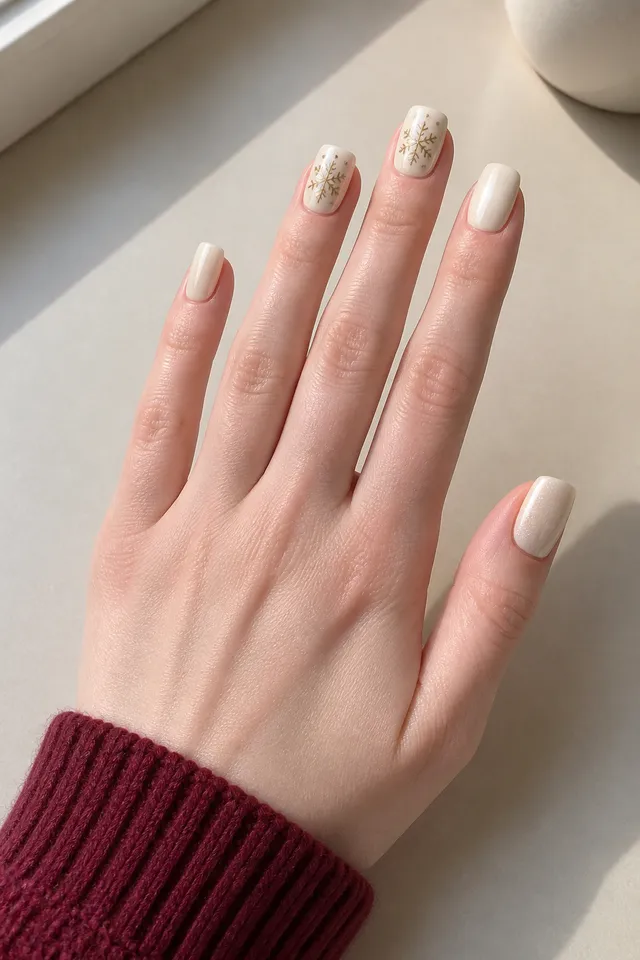 Soft ivory glossy medium square nails with champagne-gold snowflake linework on very fair cool pink skin, shown in a palm-down diagonal pose with a cranberry knit cuff