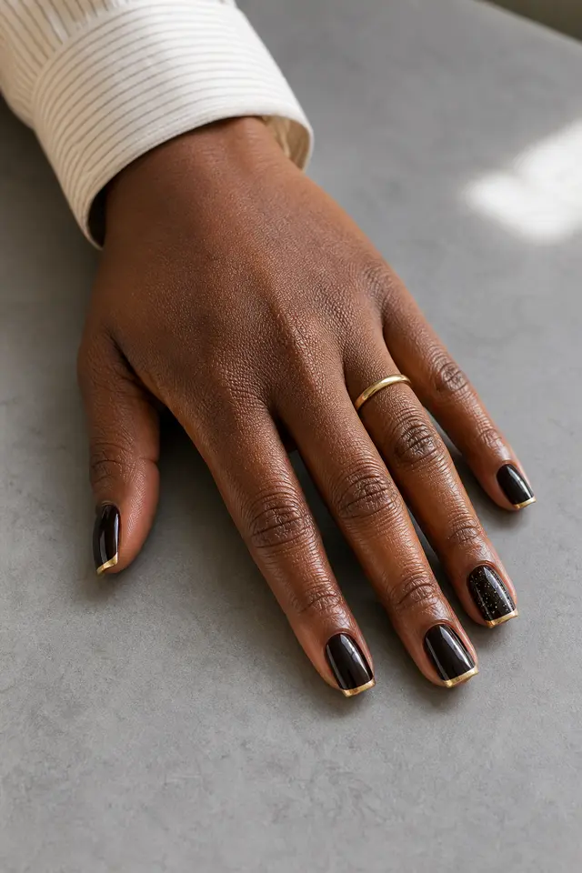 Rich black-brown glossy medium square nails with thin bright gold French borders and champagne glitter on deep espresso brown skin, shown in a palm-down fingertip-rest pose with a cream stripe cuff and plain gold ring