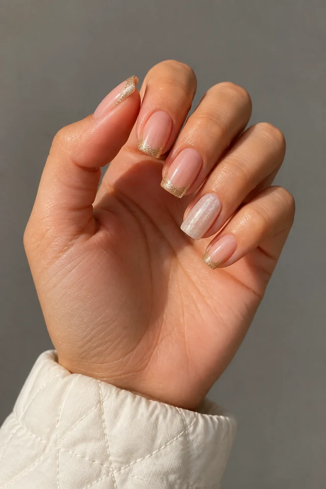 Sheer rose beige glossy medium square nails with champagne-gold glitter French tips and a pearly accent on medium olive beige skin, shown in a relaxed curved pose with an ivory quilted cuff