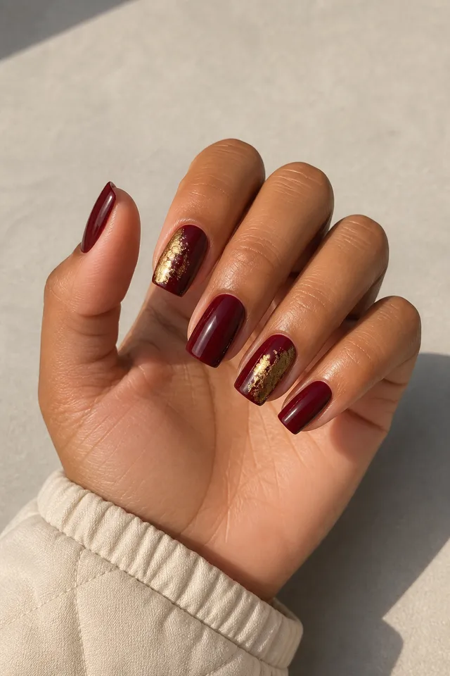 Deep garnet glossy medium square nails with brushed gold foil accents on medium warm brown skin, shown in a side-angled knuckle-rest pose with a cream quilted cuff