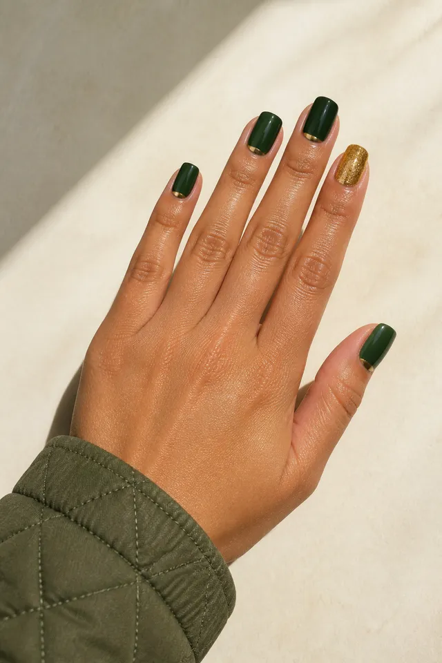 Deep forest green glossy medium square nails with champagne-gold crescent accents and one warm gold glitter nail on medium tan golden skin, shown in a palm-down diagonal pose with an olive quilted cuff