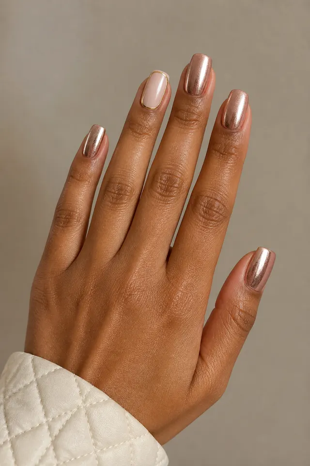 Soft rose-gold chrome glossy medium square nails with champagne shimmer and one creamy nude accent edged in gold on medium-deep warm brown skin, shown in a relaxed three-quarter fan with a cream quilted cuff